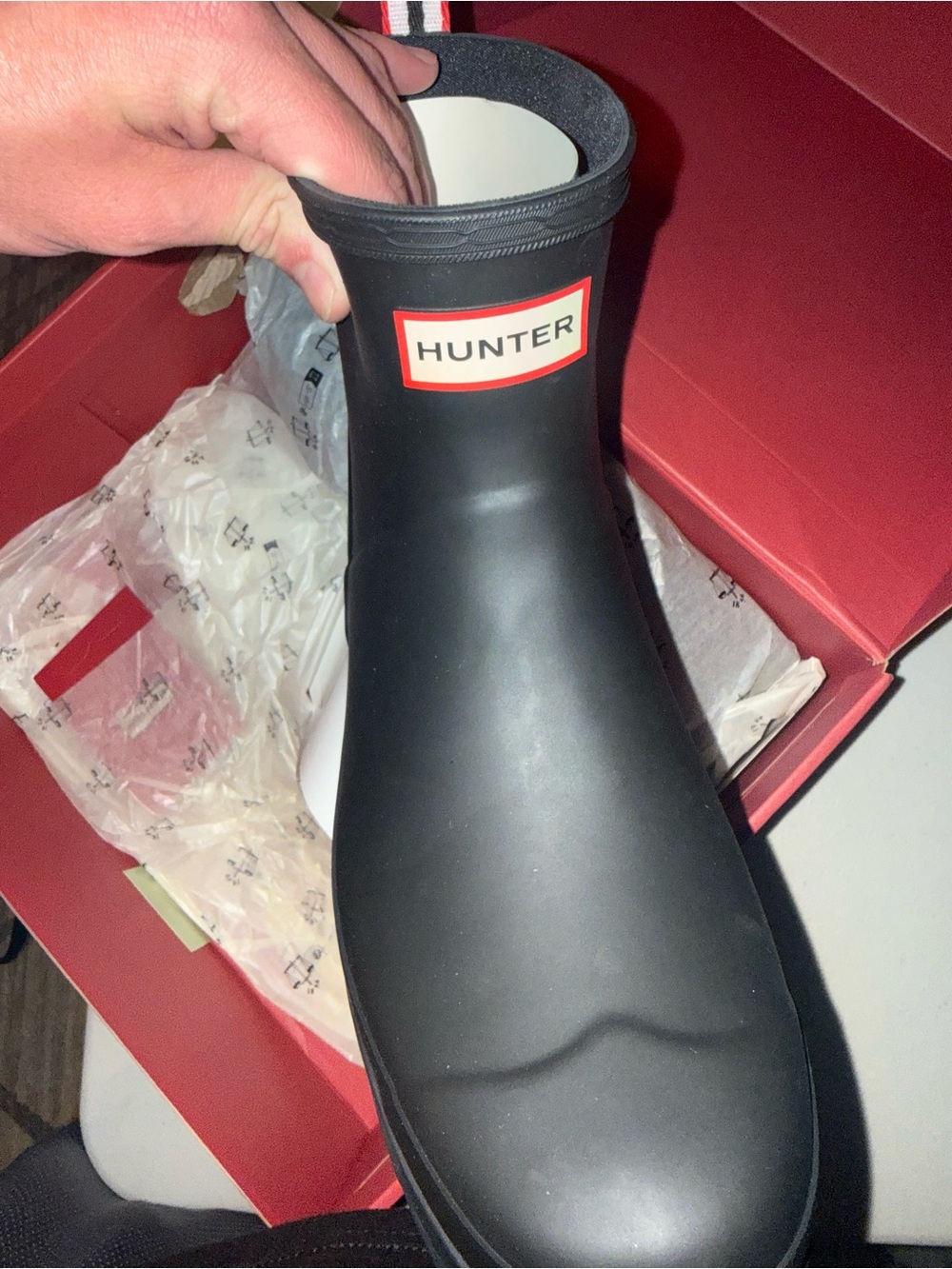 Hunter Unisex Black Short Rain Boots with Red-Trim Logo